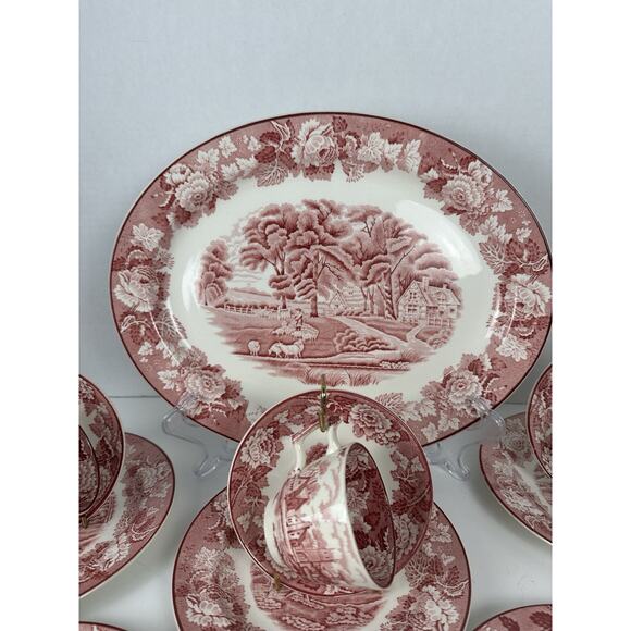 Wood & Sons English Scenery Pink Platter Sugar Bowl Tea Cups Lot Of 13 - Picture 6 of 12